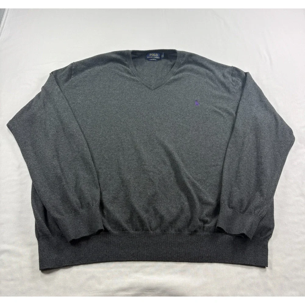 Polo Ralph Lauren Sweater Mens 3XB Big Gray Pima Cotton V-Neck Pullover Stretch